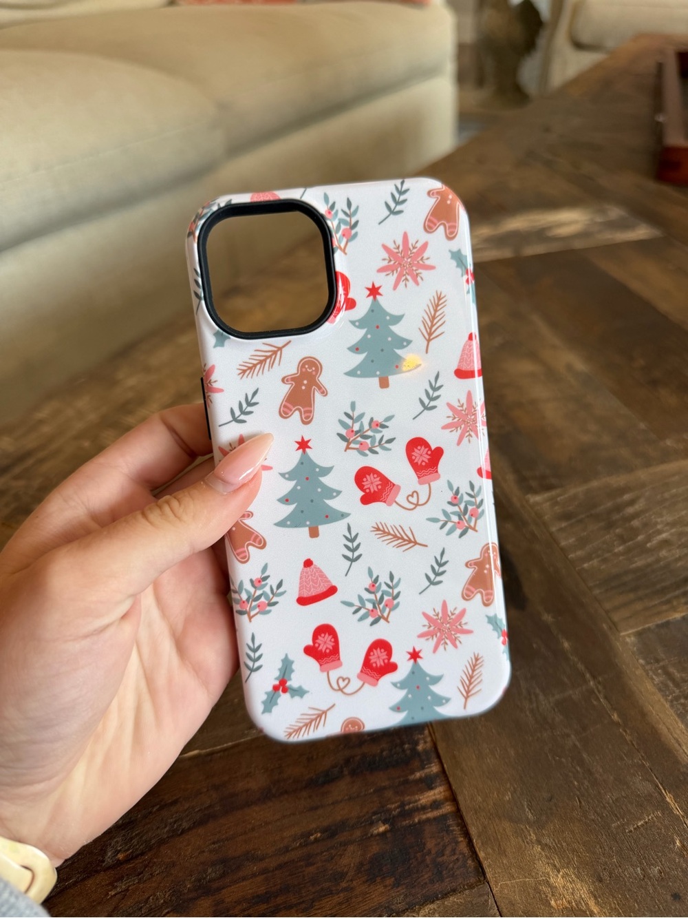 iphone 14 Christmas/Holiday White Phone Case with Red and Green Pattern